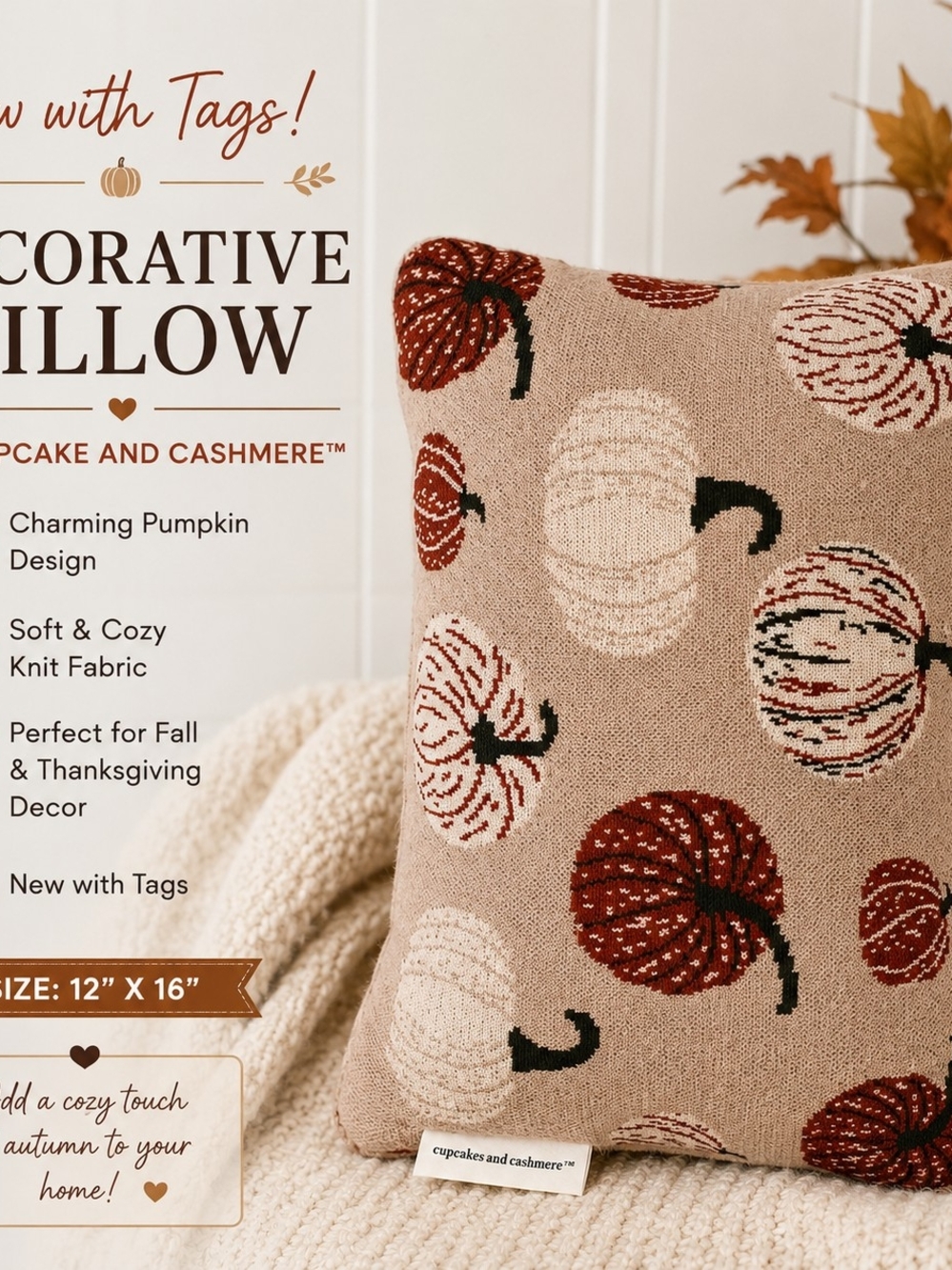 cupcakes & cashmere Beige Knit Pillow with Rust and Cream Pumpkins